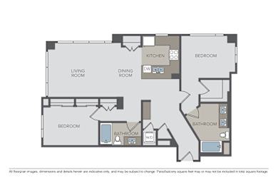 Two bedroom two bathroom floor plan with combined living dining area at The Grand Apartments, Oakland, CA 94612