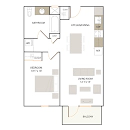 B2.1 floor plan - 1 bed 1 bath