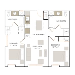 C1 floor plan - 2 bed 2 bath