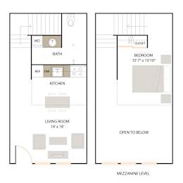 D1 floor plan - 1 bed 1 bath