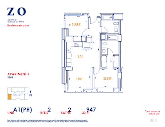 A blueprint of apartment 2202 with a living room, two bedrooms, two bathrooms, and a kitchen.