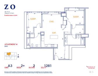 A floor plan for an apartment with a living room, two bedrooms, a bathroom, and a kitchen.