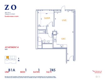A floor plan of apartment #503 with a sleeping area, a living area, and a kitchen.