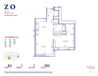 Apartment layout with a living room, kitchen, dining room, and bedrooms.