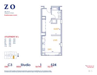 A floor plan of an apartment with a studio, bed, and bath.