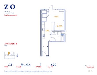 A blueprint of apartment 505 with a living room, bedroom, and bathroom.