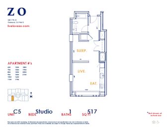 A floor plan of a studio apartment with a sleeping area, living area, and kitchen.