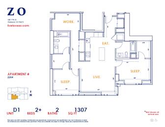 A floor plan of apartment 2204 with a living room, two bedrooms, a bathroom, and a kitchen.