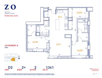 A floor plan of apartment #2206 with 2+ beds, 2 baths and 1361 square feet.