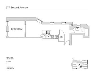 A floor plan for a residence at 577 Second Avenue, showing a bedroom, two bathrooms, and a kitchen with a dining area.