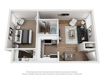 Floor Plan  A 3D floor plan of a small apartment with a kitchen, living room, and bedroom.