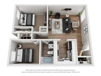 Floor Plan  A 3D floor plan of a small apartment with a living room, kitchen, and bedroom.