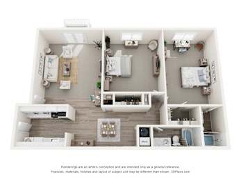 A 3D floor plan of a house with two bedrooms, a living room, a kitchen, and a bathroom.