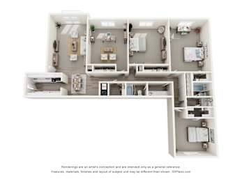 A 3D floor plan of a house with a kitchen, living room, and bathroom.