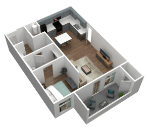 One 1 bath 3d floor plan at Gateway Apartments, Washington