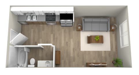 a floor plan of a 560 sq. ft. apartment at Jefferson Yards, Tacoma, 98402
