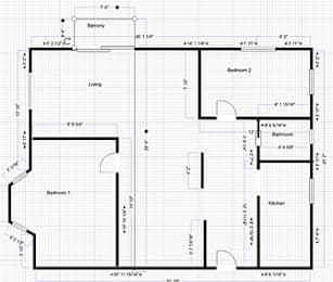 A floor plan of a house with labeled rooms such as Bedroom 1, Bedroom 2, Bathroom, Kitchen, and Living room.
