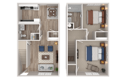 A top-down view of a small apartment layout with two bedrooms, a living area, and a kitchen.