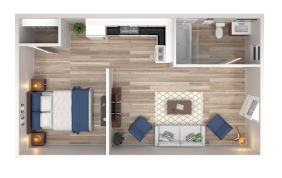 A top-down view of a modern living room with a couch, a coffee table, and a TV.