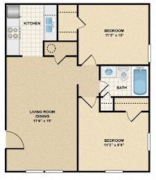 A floor plan of a home with a kitchen, living room, and two bedrooms.