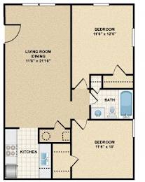 A floor plan of a home with two bedrooms, a living room, a kitchen, and a bathroom.