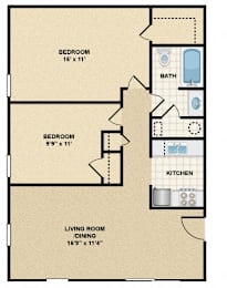 A floor plan of a small apartment with two bedrooms, a living room, and a kitchen.
