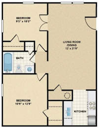 A floor plan of a home with a living room, two bedrooms, a bathroom, and a kitchen.