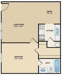 A floor plan of a small apartment with a living room, bedroom, kitchen, and bathroom.