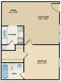 A floor plan of a small apartment with a kitchen, living room, bedroom, and bathroom.