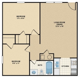 A floor plan of a small apartment with two bedrooms, a living room, a kitchen, and a bathroom.