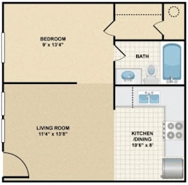 A floor plan of a small apartment with a bedroom, living room, kitchen, and bathroom.