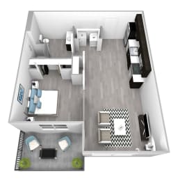 a floor plan of a one bedroom apartment with two bathrooms and a balcony