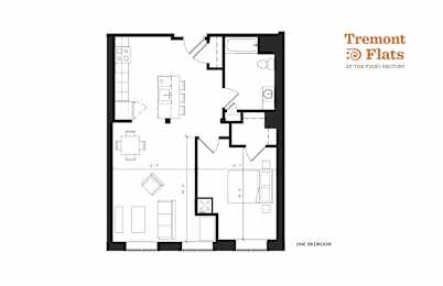 A black and white image of a floor plan for a one bedroom apartment.
