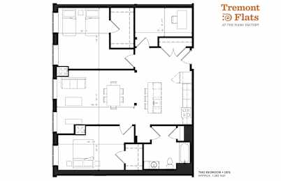A black and white image of a floor plan for Tremont Flats at the Piano Factory.
