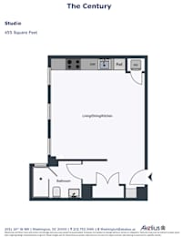 A floor plan for a studio apartment sized at 455 square feet.