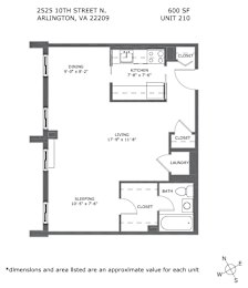 A floor plan for a 600 square foot unit at 2525 10th street N, Arlington, VA 22209.