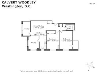 A floor plan for a property in Washington D.C. with a study, living/dining area, kitchen, and two bedrooms.