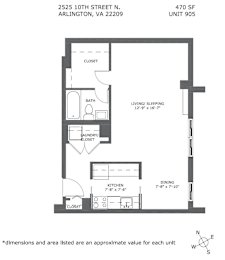 A floor plan for an apartment at 2525 10th street N, Arlington, VA 22209, Unit 905.