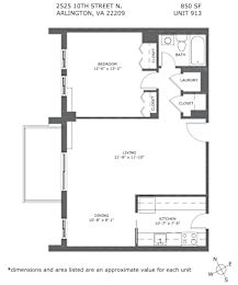 A floor plan for a unit at 2525 10th Street N. in Arlington, VA shows a bedroom, living room, dining room, kitchen, and bathroom.