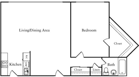 A floor plan of a room with a kitchen, living/dining area, and bedroom.