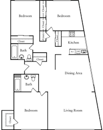 A black and white image of a house floor plan with two bedrooms, a living room, a kitchen, a dining area, and two bathrooms.