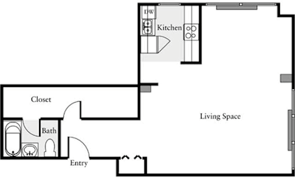 A floor plan of a small apartment with a kitchen, bathroom, and living space.