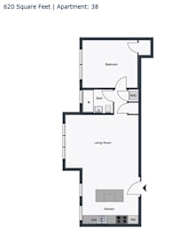 A floor plan of a 38 apartment sized apartment with 620 square feet.