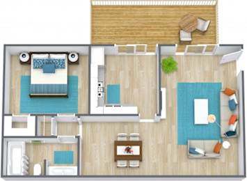 A top-down view of a room with a bed, a couch, a chair, a table, and a potted plant.