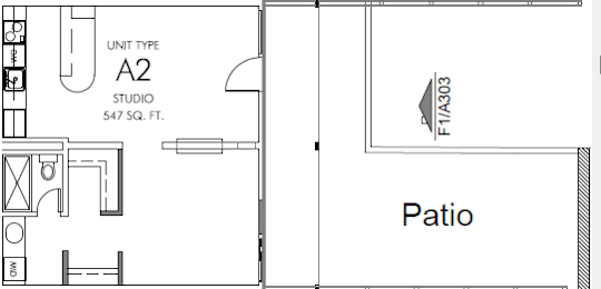 A floor plan of a studio apartment with a patio.