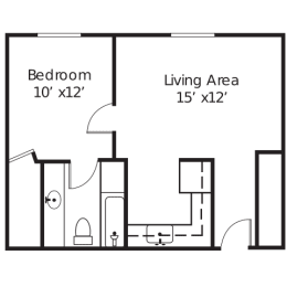 a floor plan of a small apartment with a living area and a dining room