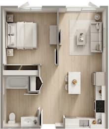 A modern apartment with a bed, sofa, kitchen, and bathroom sink, toilet, and bathtub.