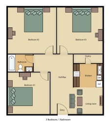  Floor Plan Dixieanne 3 Bedroom 1 Bath Apartment
