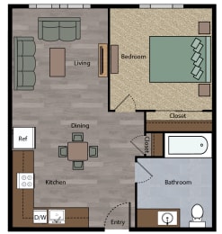 1 bedroom apartment with a living room, kitchen, 1 bathroom with a tub, and 1 bedroom