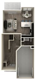 Floor Plan  A top-down view of a small apartment with a kitchen, living room, and bathroom.